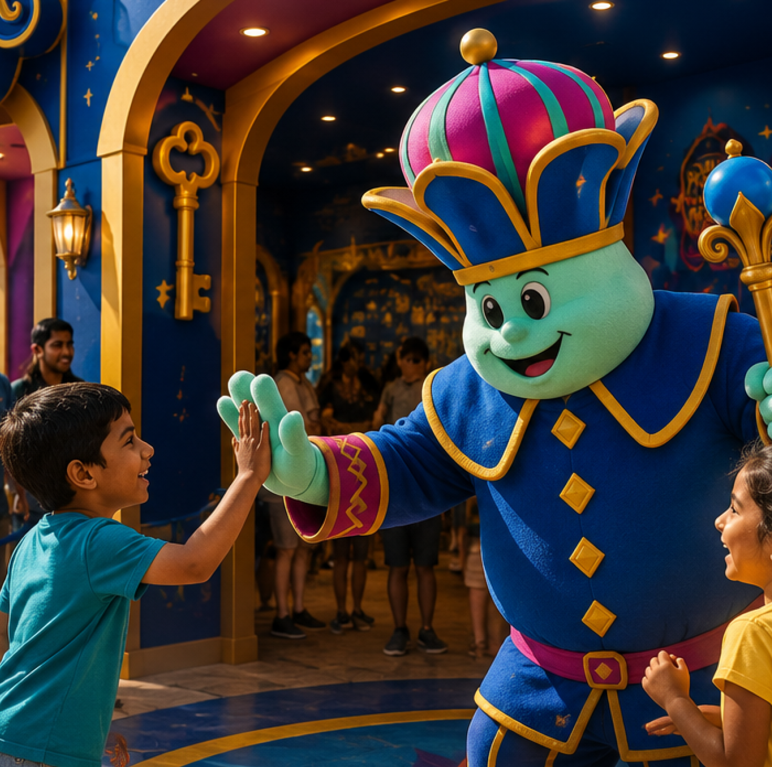 VGP Wonder World mascot with a child visitor